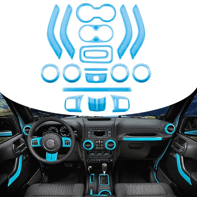 Opall 18PCS Full Set Interior Decoration Trim Kit Steering Wheel & Center Console Air Outlet Trim, Door Handle Cover Inner For Jeep Wrangler 2011-2018 2 Door & 4 Door (Light Bule) - Image 1